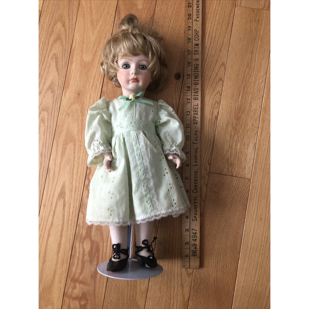 Vintage 18 inch Doll in Dress Blue eyes with Stand Excellent Condition 1960's